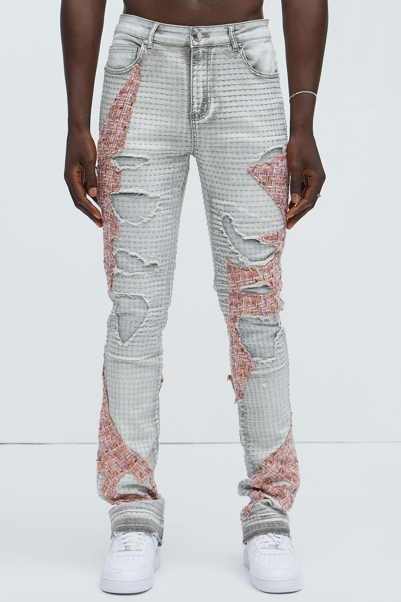 Ripped It And Fixed Stacked Skinny Flared Pants - Grey/combo Product Image