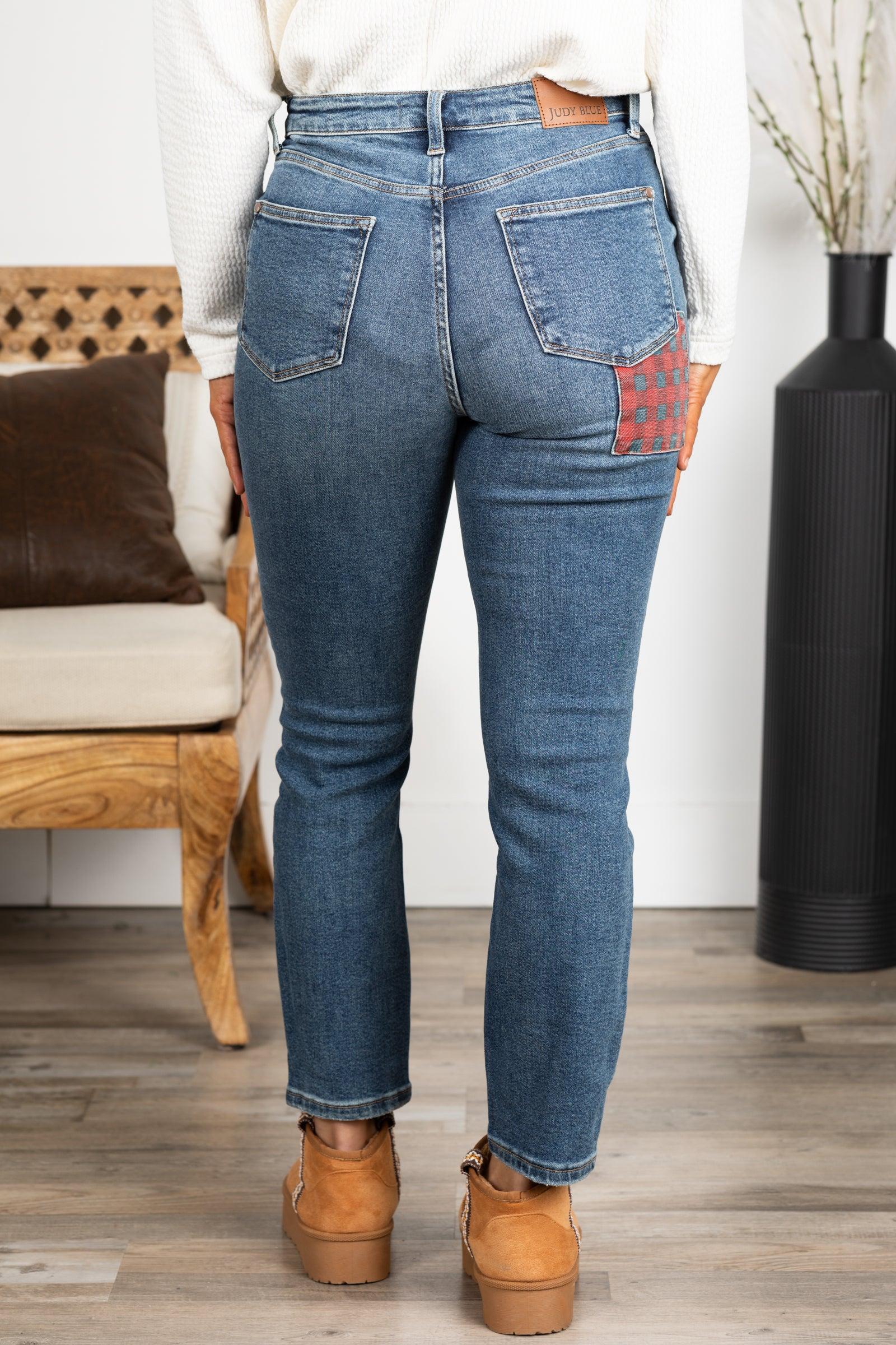 Judy Blue Medium Wash Plaid Patch Slim Jeans Product Image