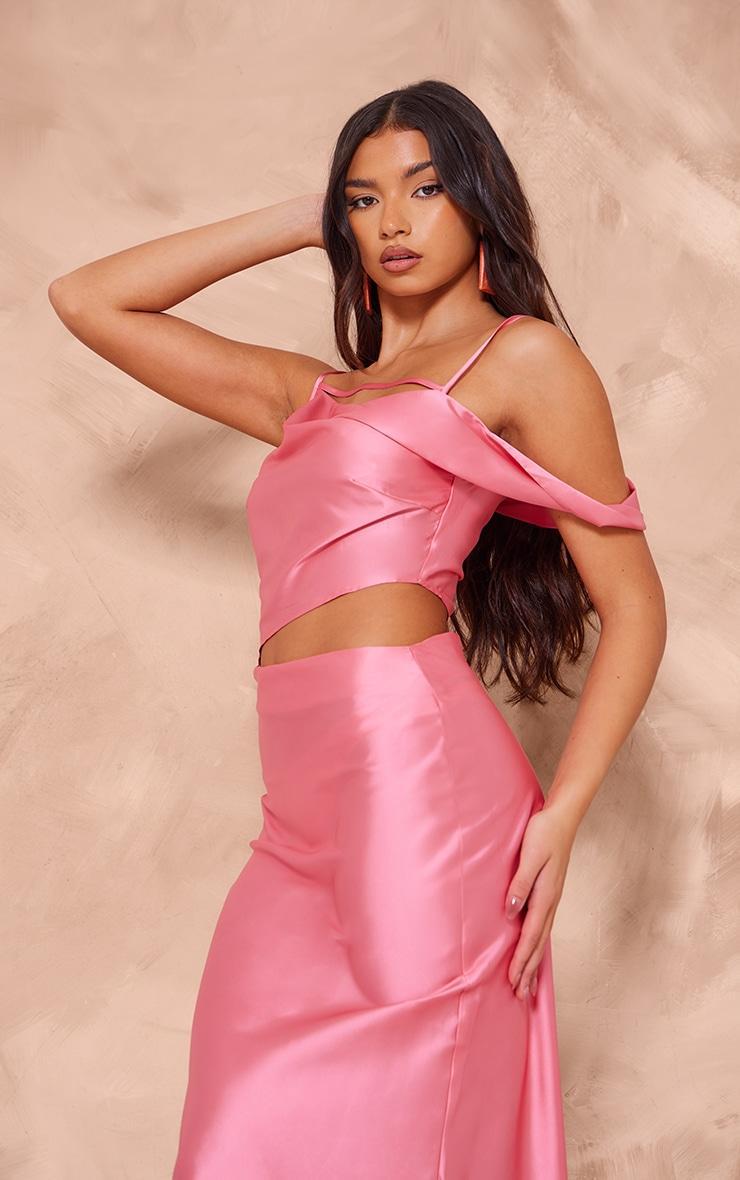 Pink Satin Asymmetric Cut Out Maxi Dress Product Image