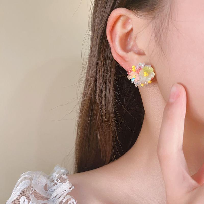 Beaded Floral Cluster Stud Earring / Clip On Earring Product Image