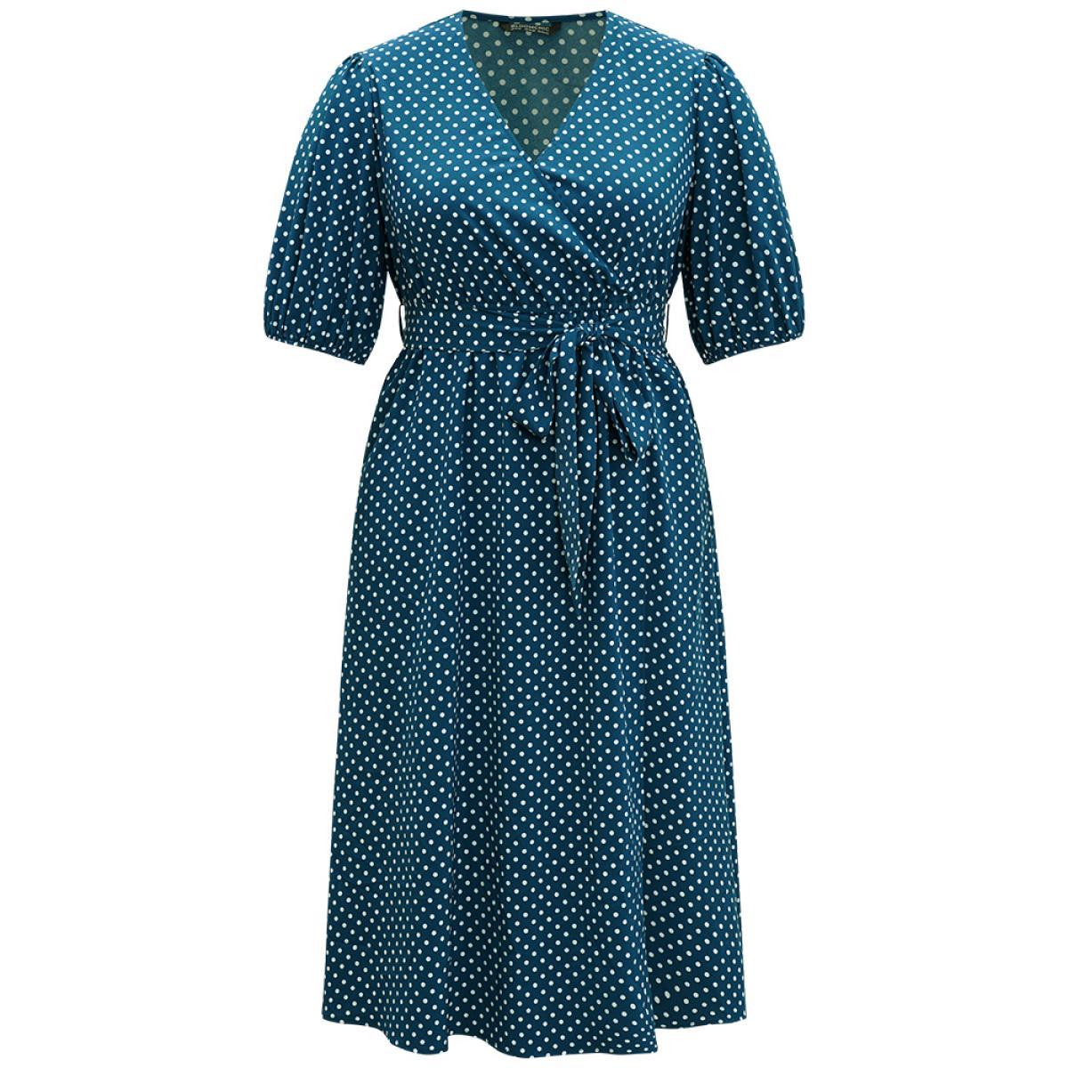 Plus Size Polka Dot Belted Lantern Sleeve Surplice Neck Dress Aegean Women Office Elastic cuffs V-neck Short sleeve Curvy Midi Dress BloomChic 14-16/1X Product Image