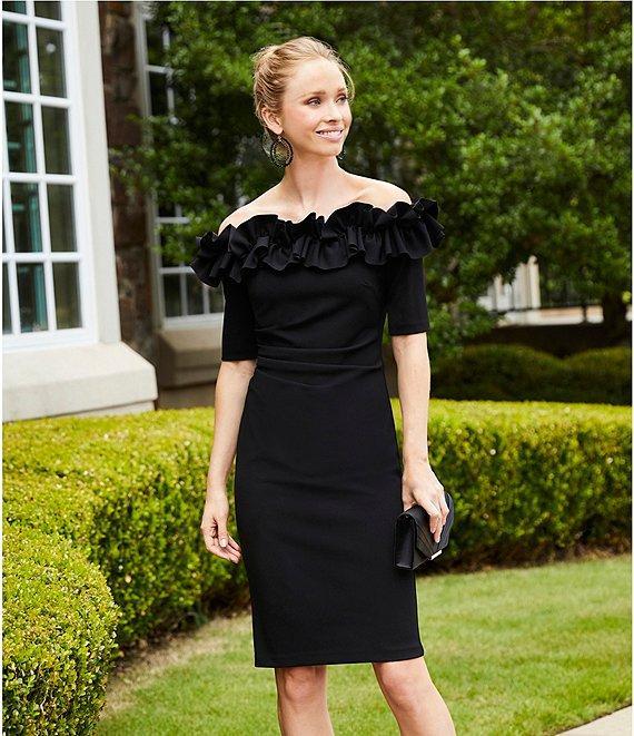 Xscape Off-the-Shoulder Ruffle Neck Short Sleeve Stretch Scuba Crepe Dress Product Image