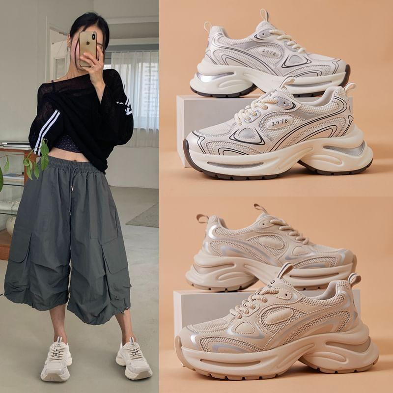 Platform Mesh Panel Lace-Up Sneakers Product Image