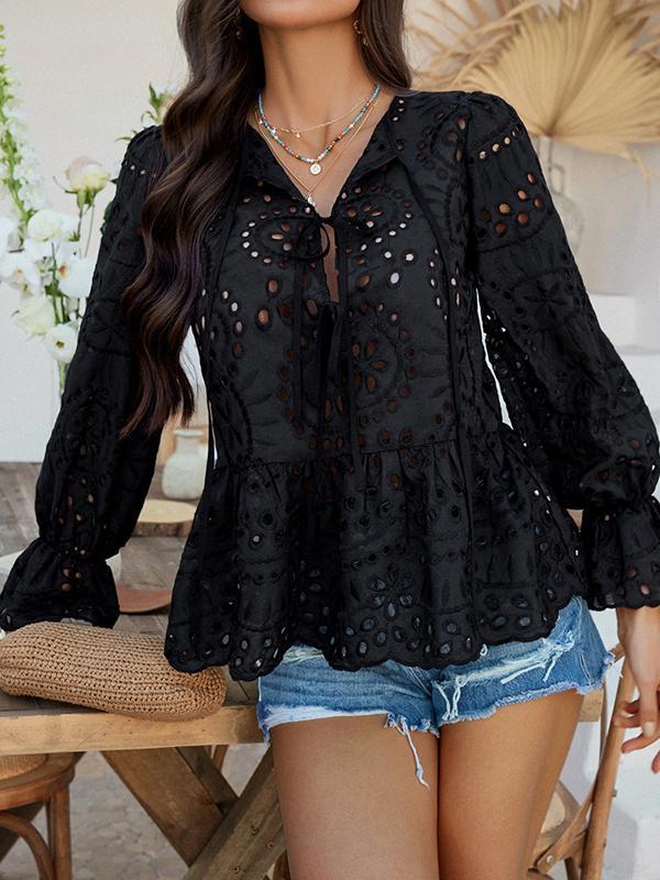 Long Sleeves Loose Elasticity Hollow Pleated Solid Color Tied Round-Neck Blouses&Shirts Tops Product Image
