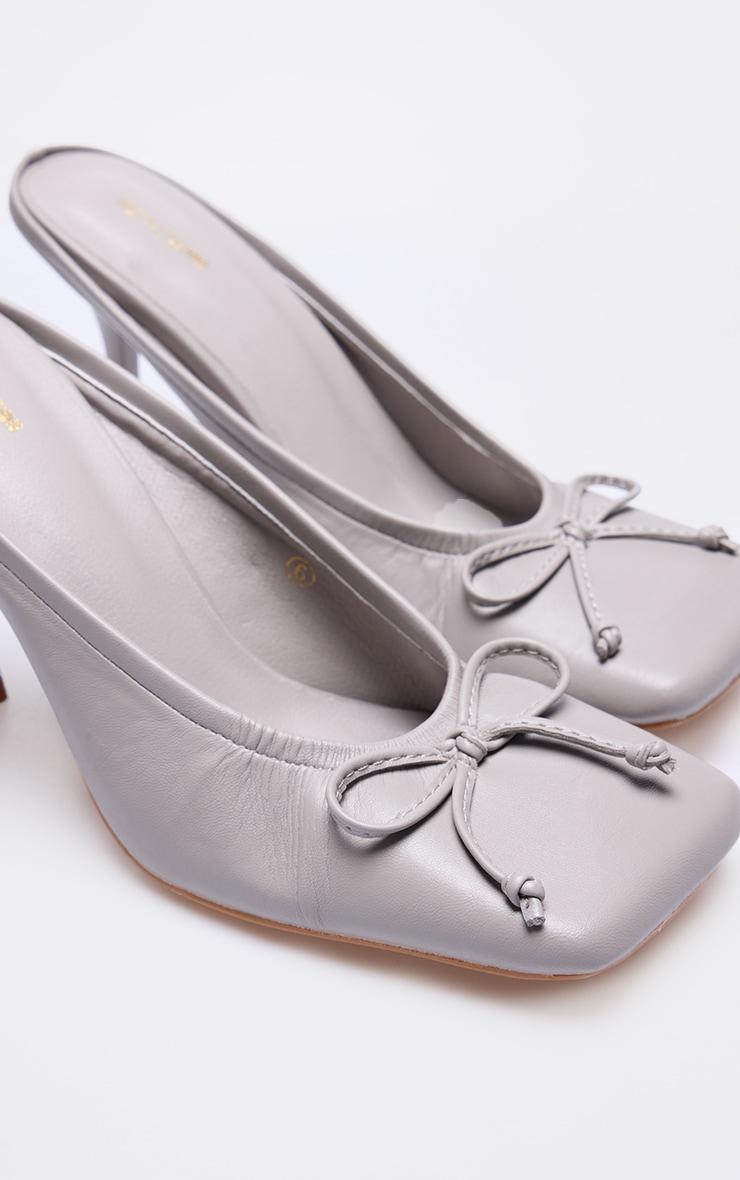 Grey PU Square Toe Bow Detail High Stiletto Heeled Mules Product Image