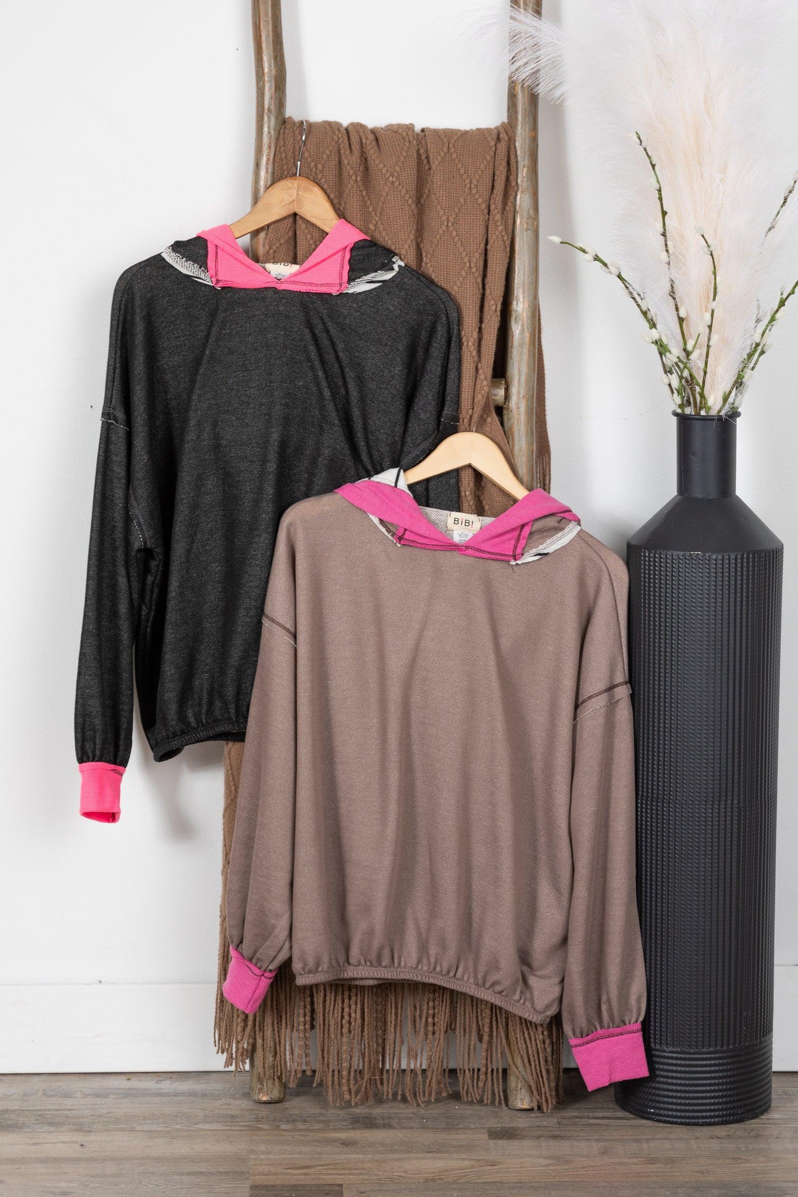 Thermal Contrast Banded Terry Knit Hoodie Top Product Image