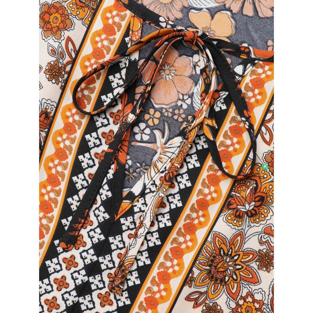 Plus Size Black Boho Print Tie Knot Lantern Sleeve Blouse Women Resort Long Sleeve Notched collar Vacation Blouses BloomChic 28/5X Product Image