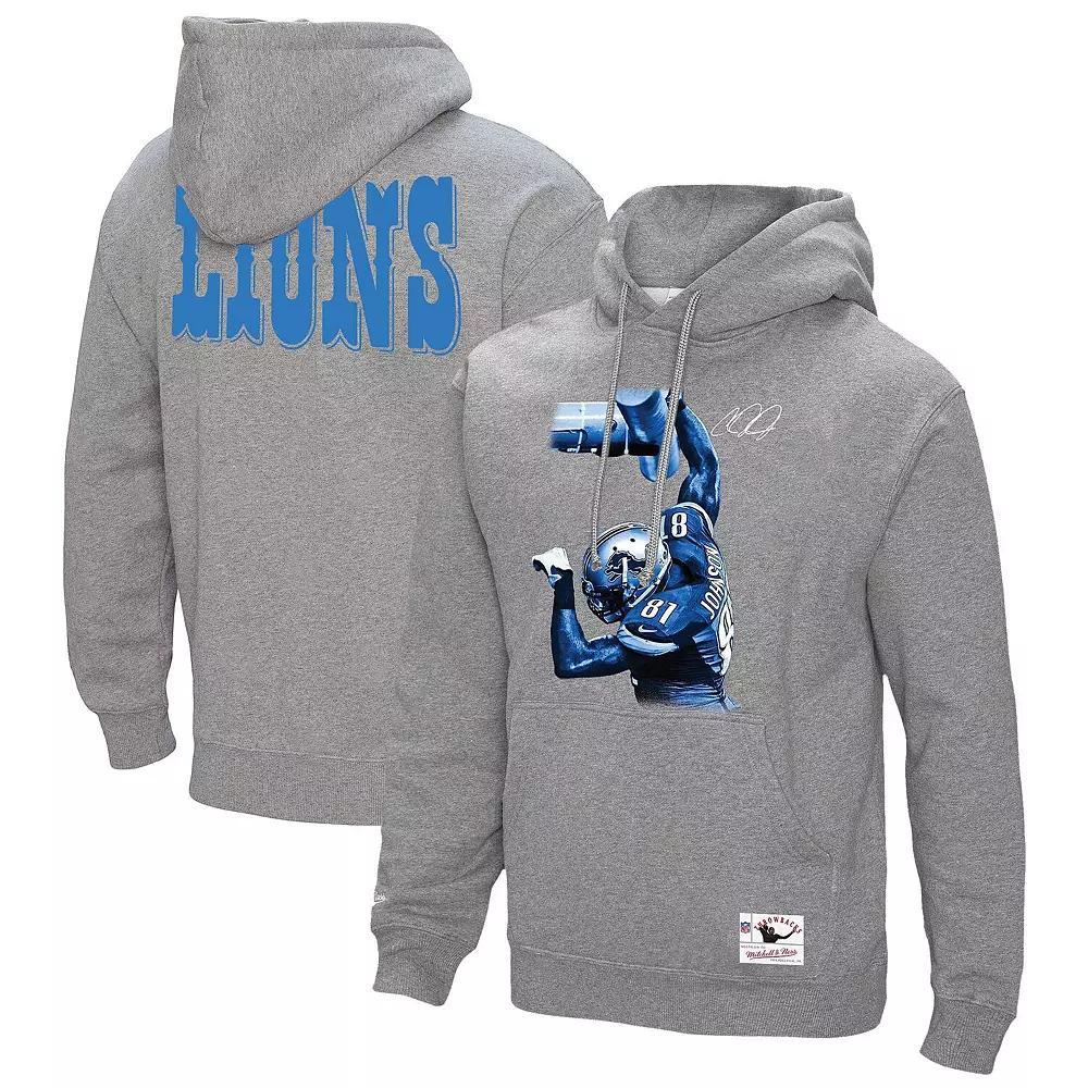 Men's Mitchell & Ness Calvin Johnson Heather Gray Detroit Lions Hall of Fame Player Graphic Pullover Hoodie,  Product Image