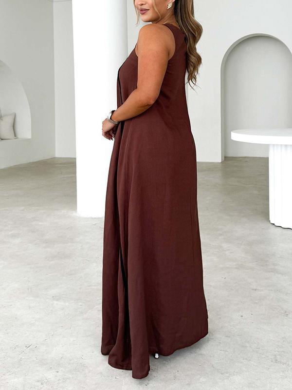 A-Line Loose Split-Joint Round-Neck Maxi Dresses Product Image