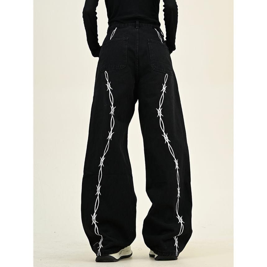 High Rise Barbed Wire Embroidered Wide Leg Jeans Product Image