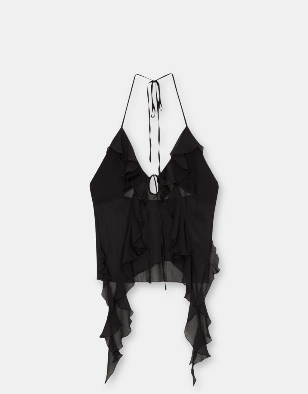 Pull&Bear x Dixie D'Amelio ruffle asymmetric top in black Product Image