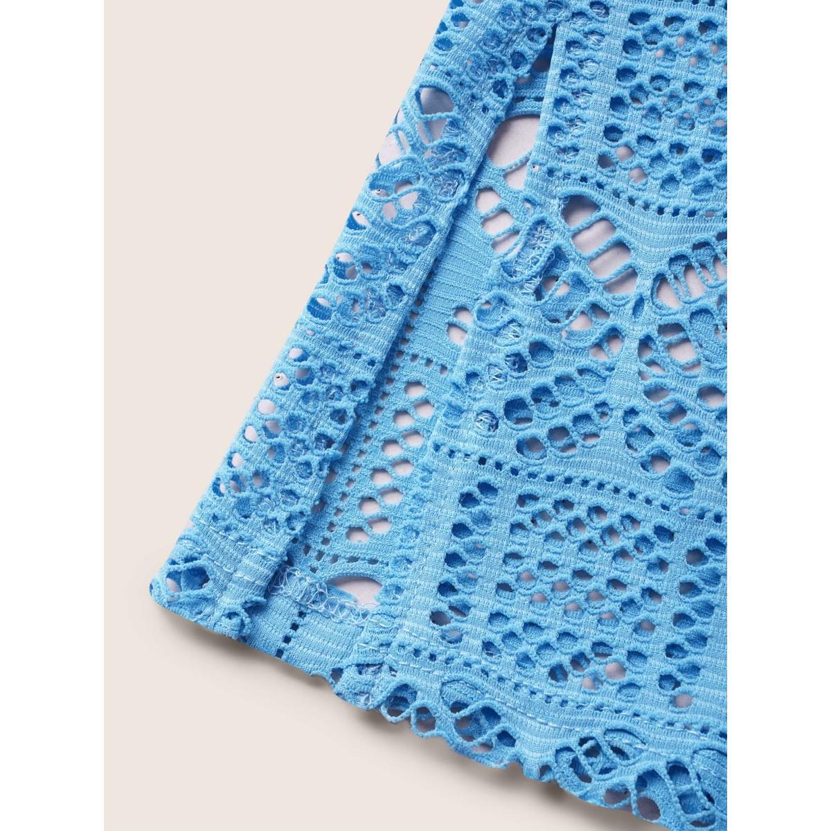 Plus Size Cut Out Tassel Trim Split Hem Midi Dress Skyblue Women Resort Flat collar with V-notch Half Sleeve Curvy BloomChic 22-24/3X Product Image