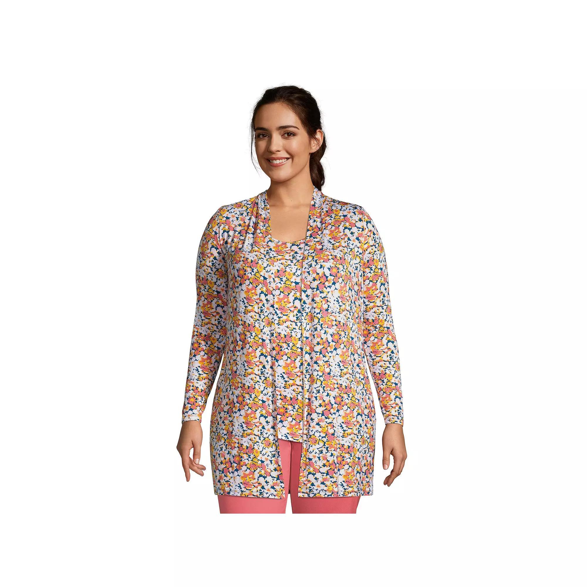 Plus Size Lands' End Lightweight Long Cardigan Sweater, Women's, Size: 1XL, Blue Team Floral Product Image