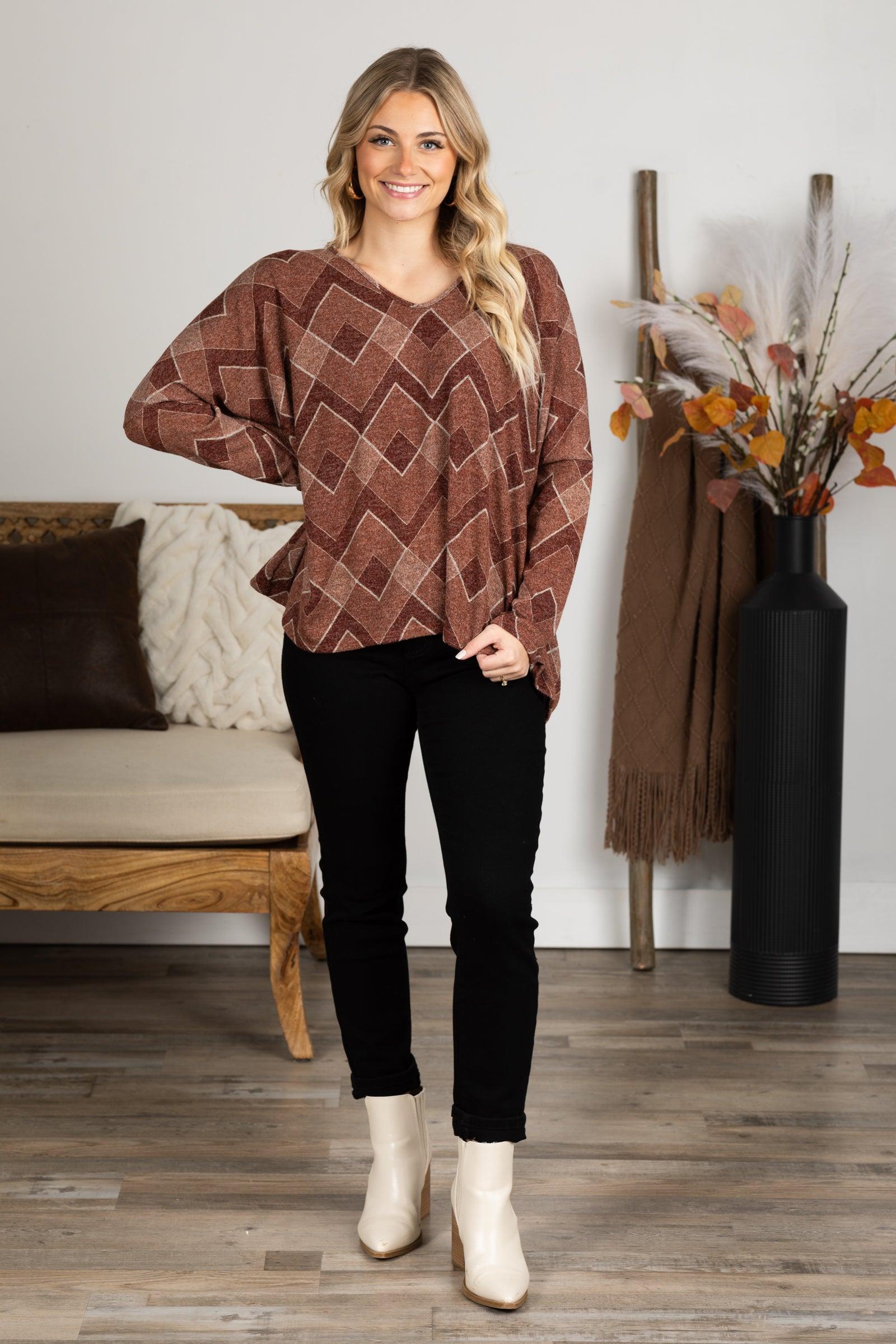 Maroon Multicolor Chevron Print Top Product Image