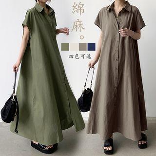 Short-Sleeve Collared Plain Maxi A-Line Shirt Dress Product Image