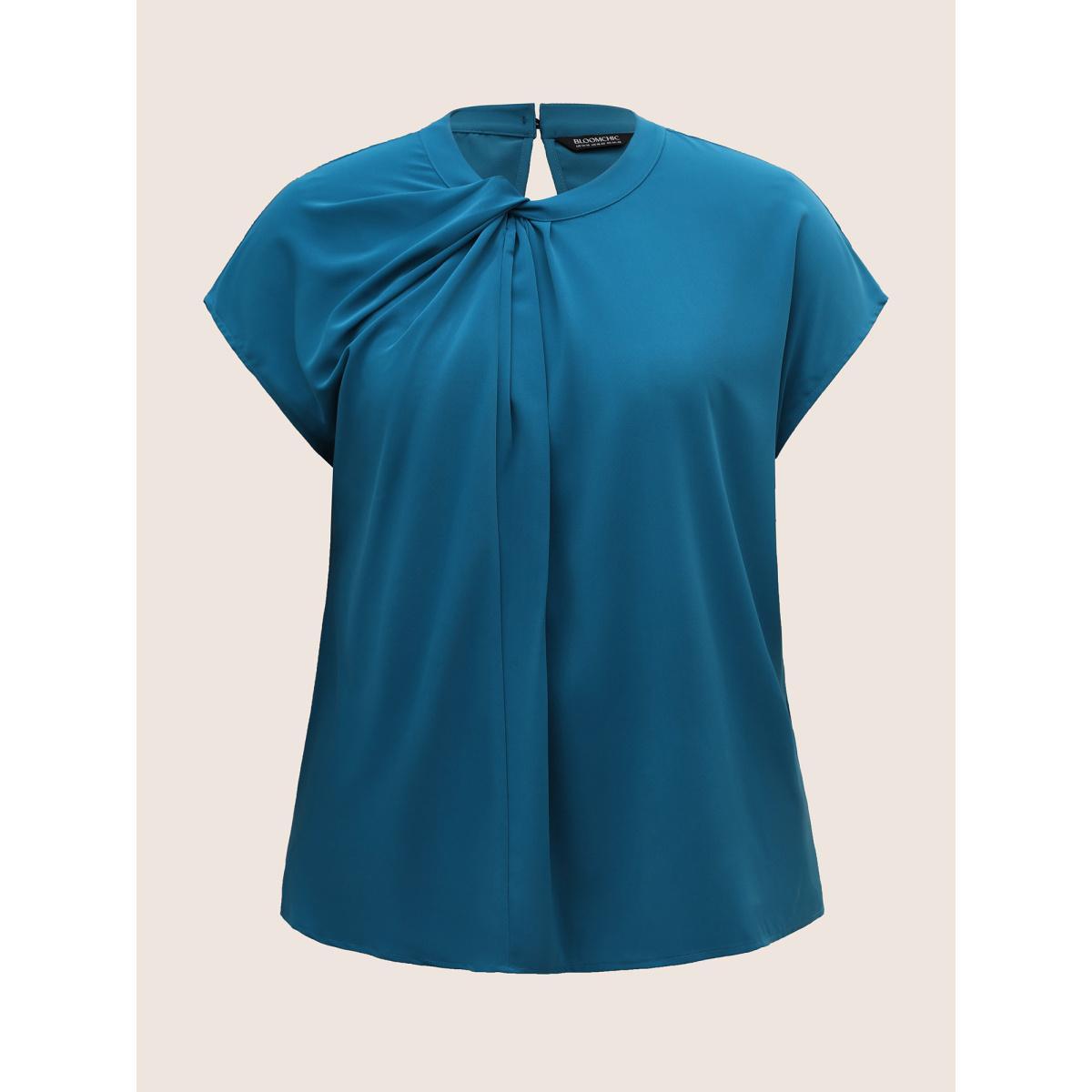 Plus Size Mediumblue Twist Front Pleated Dolman Sleeve Blouse Women At the Office Short sleeve Mock Neck Work Blouses BloomChic 26/4X Product Image