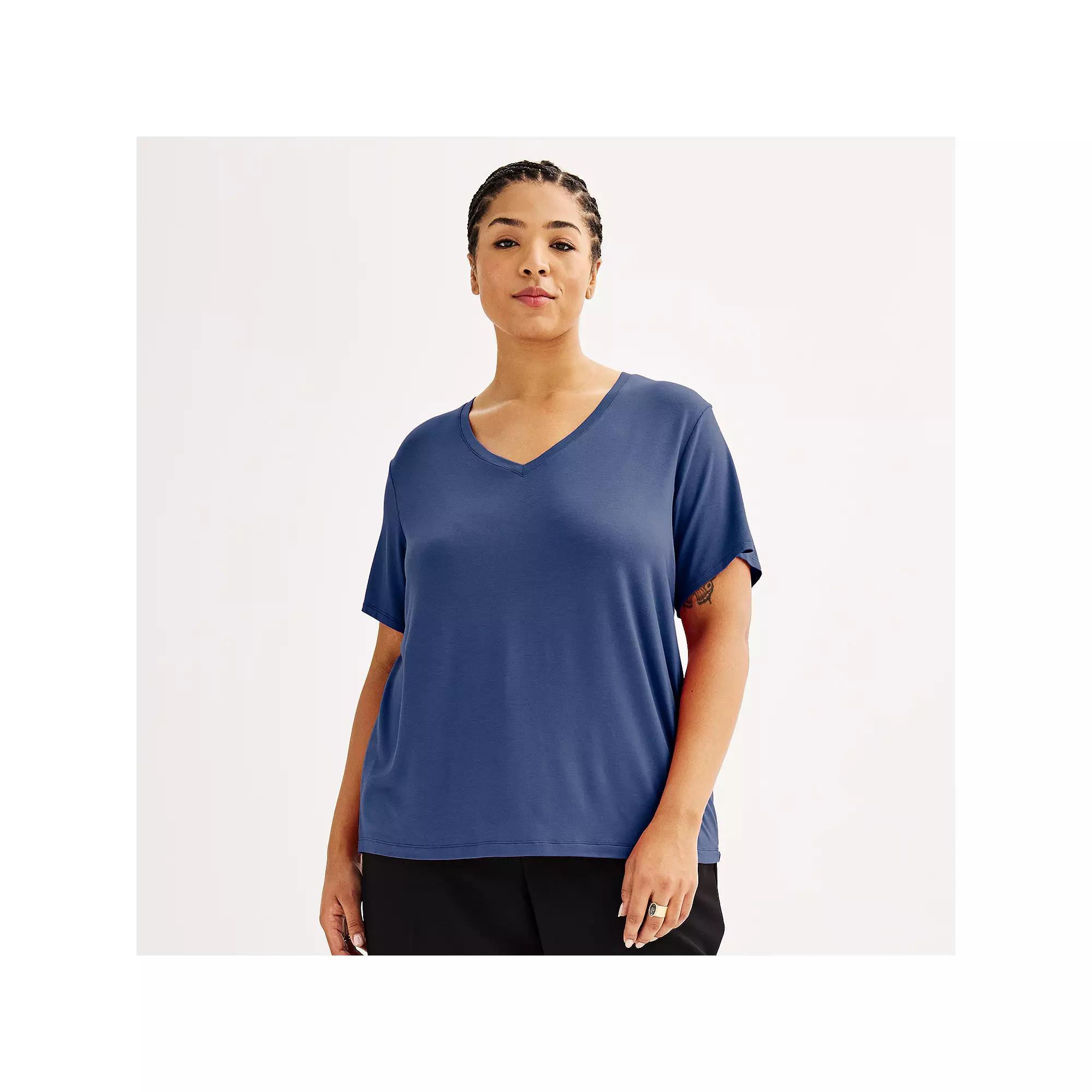 Plus Size Nine West Essential Soft Spun Short Sleeve V-Neck Tee, Women's, Size: 0X, Resolute Blue Product Image