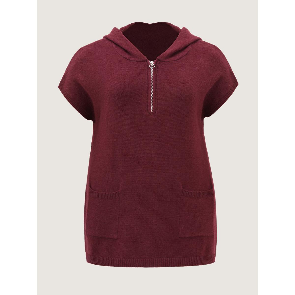 Plus Size Half-Zip Hooded Sleeveless Pocketed Pullover Burgundy Women Leisure Loose Sleeveless Hooded Casual Pullovers BloomChic 26/4X Product Image