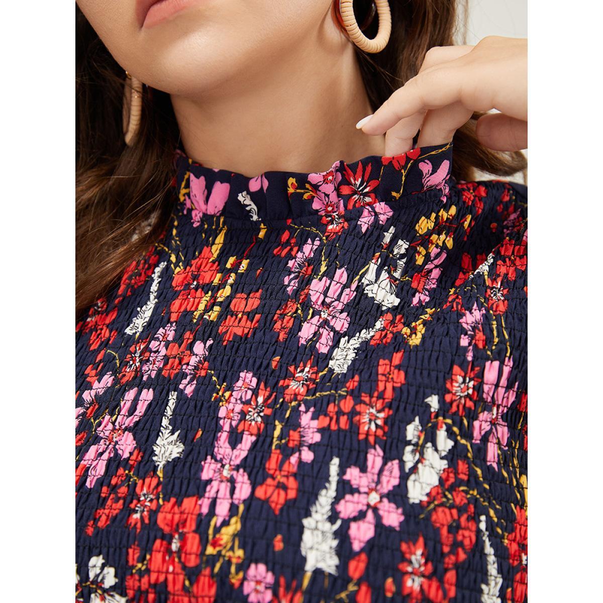 Plus Size Floral Shirred Mock Neck Cut Out Pocket Ruffle Hem Dress DarkBlue Women Elegant Frill Trim Mock Neck Sleeveless Curvy Midi Dress BloomChic 28/5X Product Image