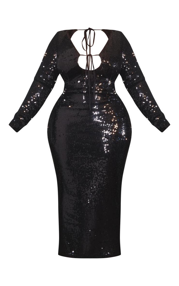 Plus Black Sequin Tie Front Maxi Dress Product Image