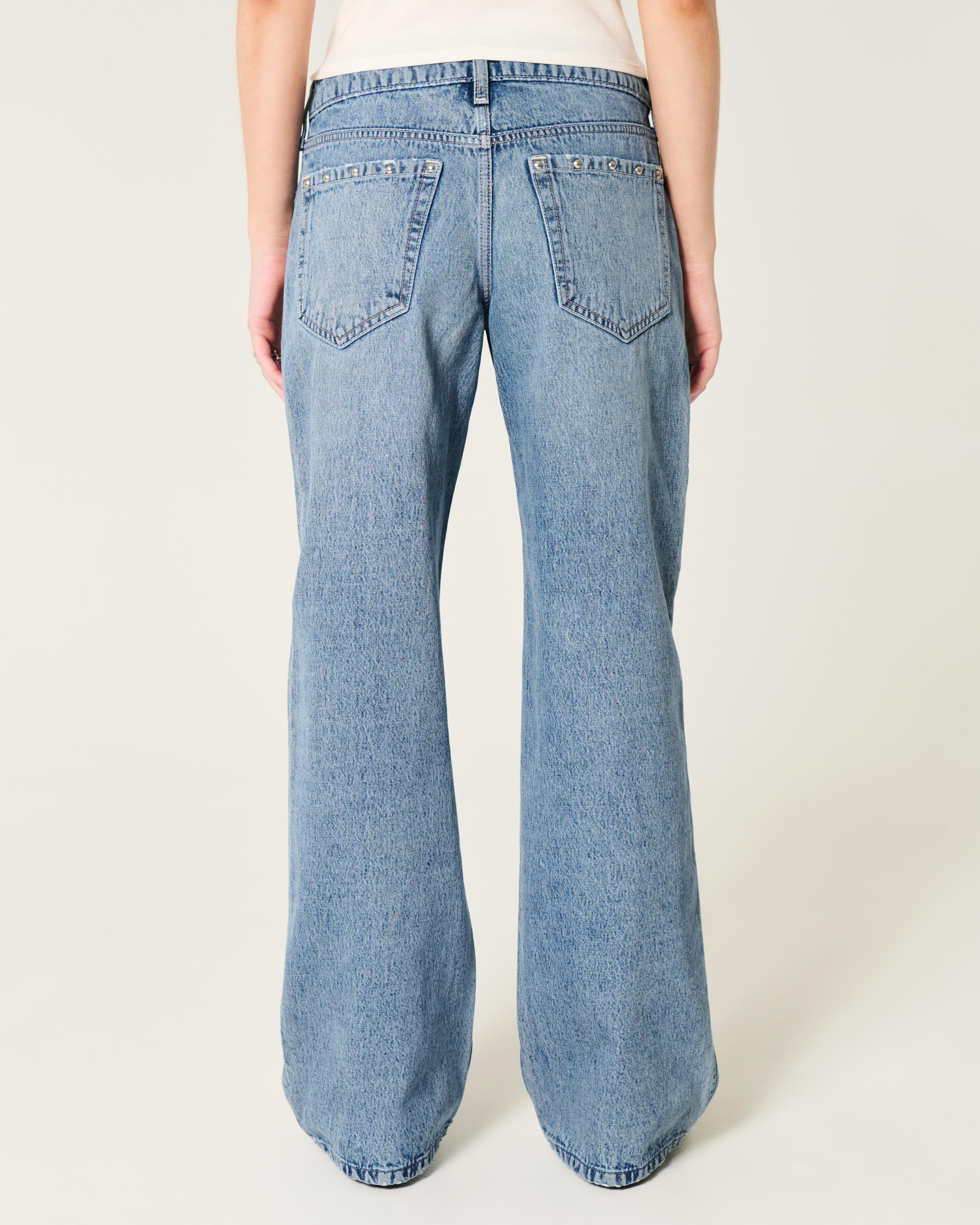 Low-Rise Medium Wash Studded Baggy Jeans Product Image