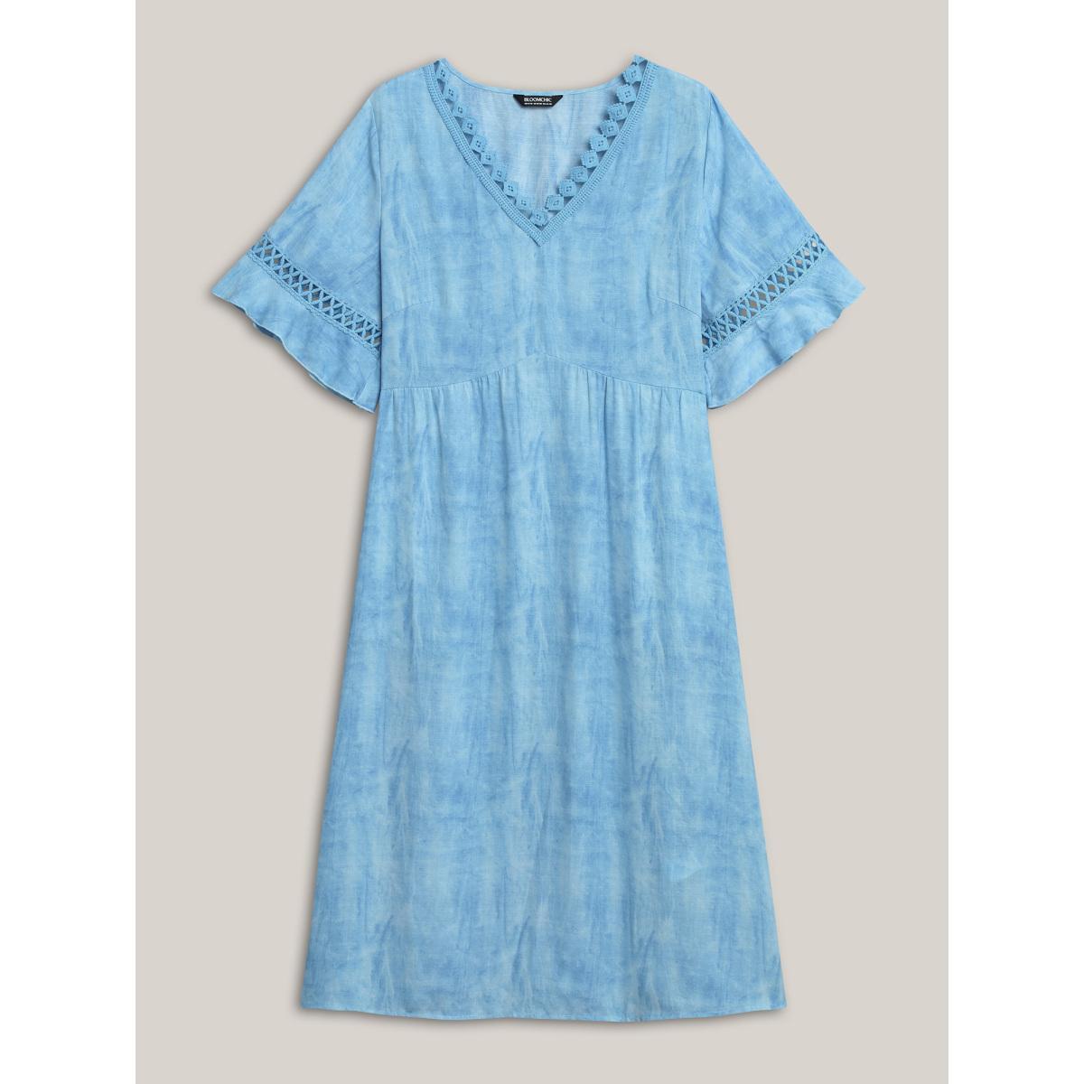 Plus Size Color Blend Lace Trim Pockets Midi Dress Stone Women V-neck Short sleeve Curvy BloomChic 10/M Product Image