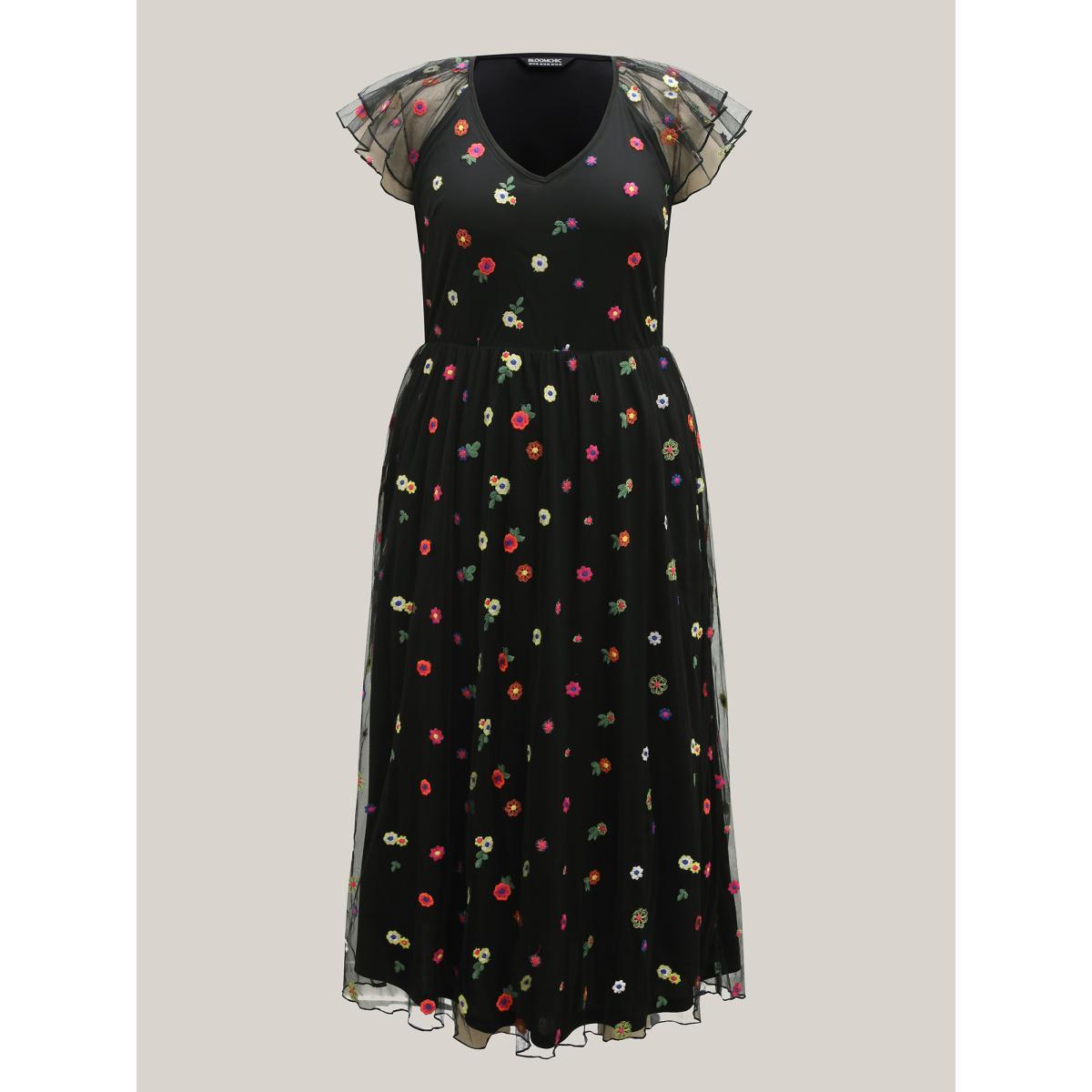 Plus Size Embroidered Colorful Dots Lined Midi Dress Black Women V-neck Cap Sleeve Curvy BloomChic 28/5X Product Image