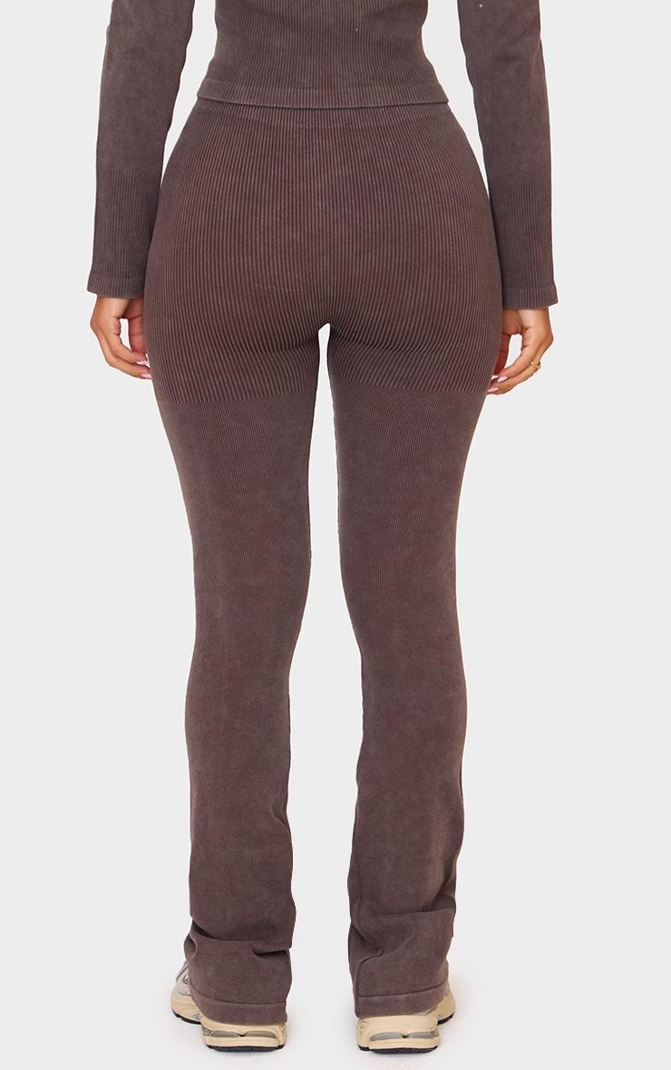 Petite Chocolate Faded Snatched Rib Button Detail Flared Leggings Product Image