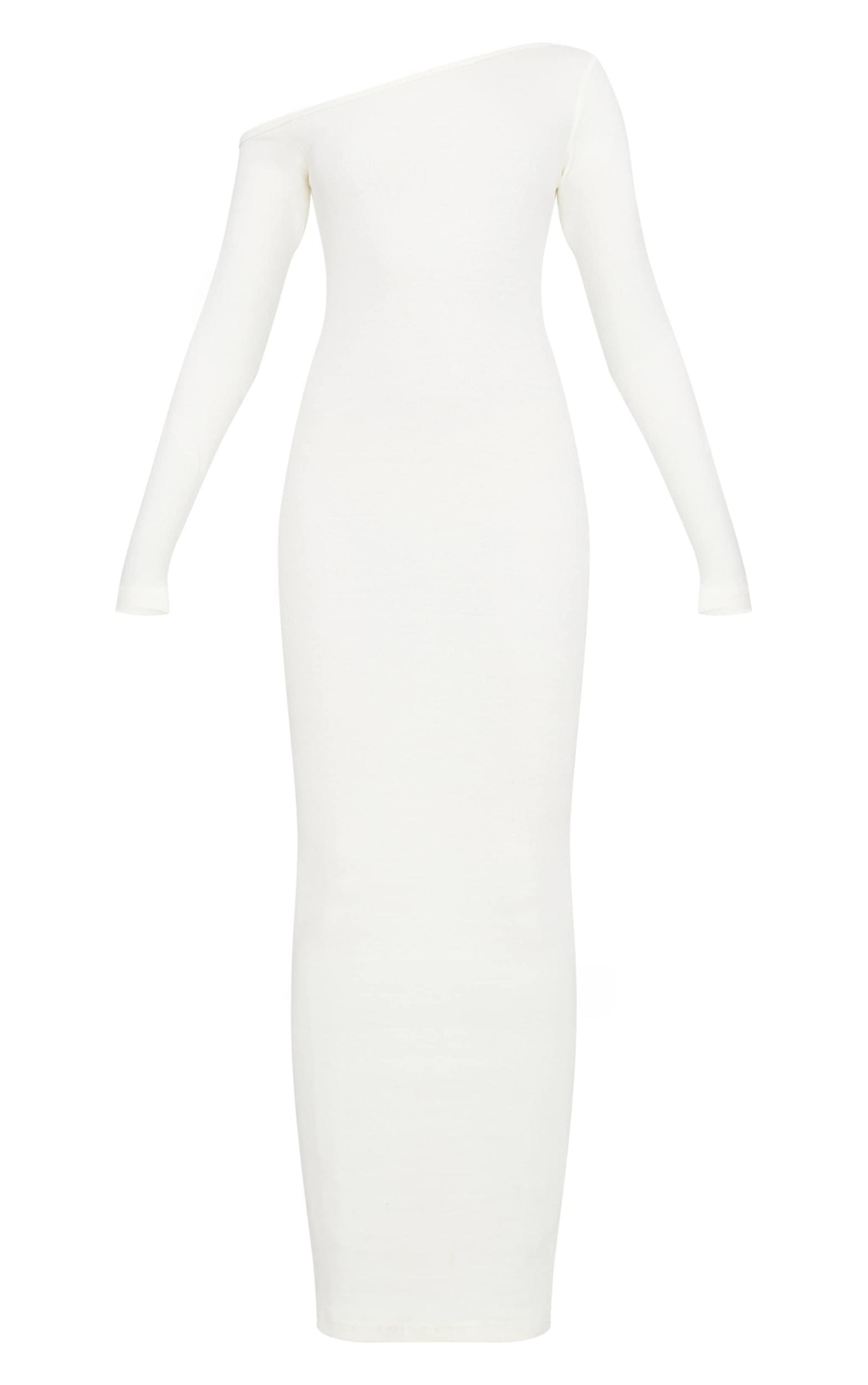  Cream Ribbed One Shoulder Long Sleeve Maxi Dress Product Image