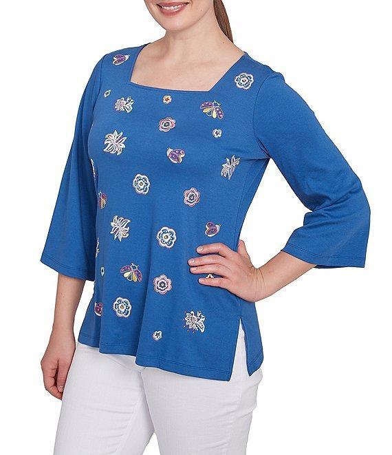 Ruby Rd. Embroidered Knit Square Neck 3/4 Sleeve Top Product Image