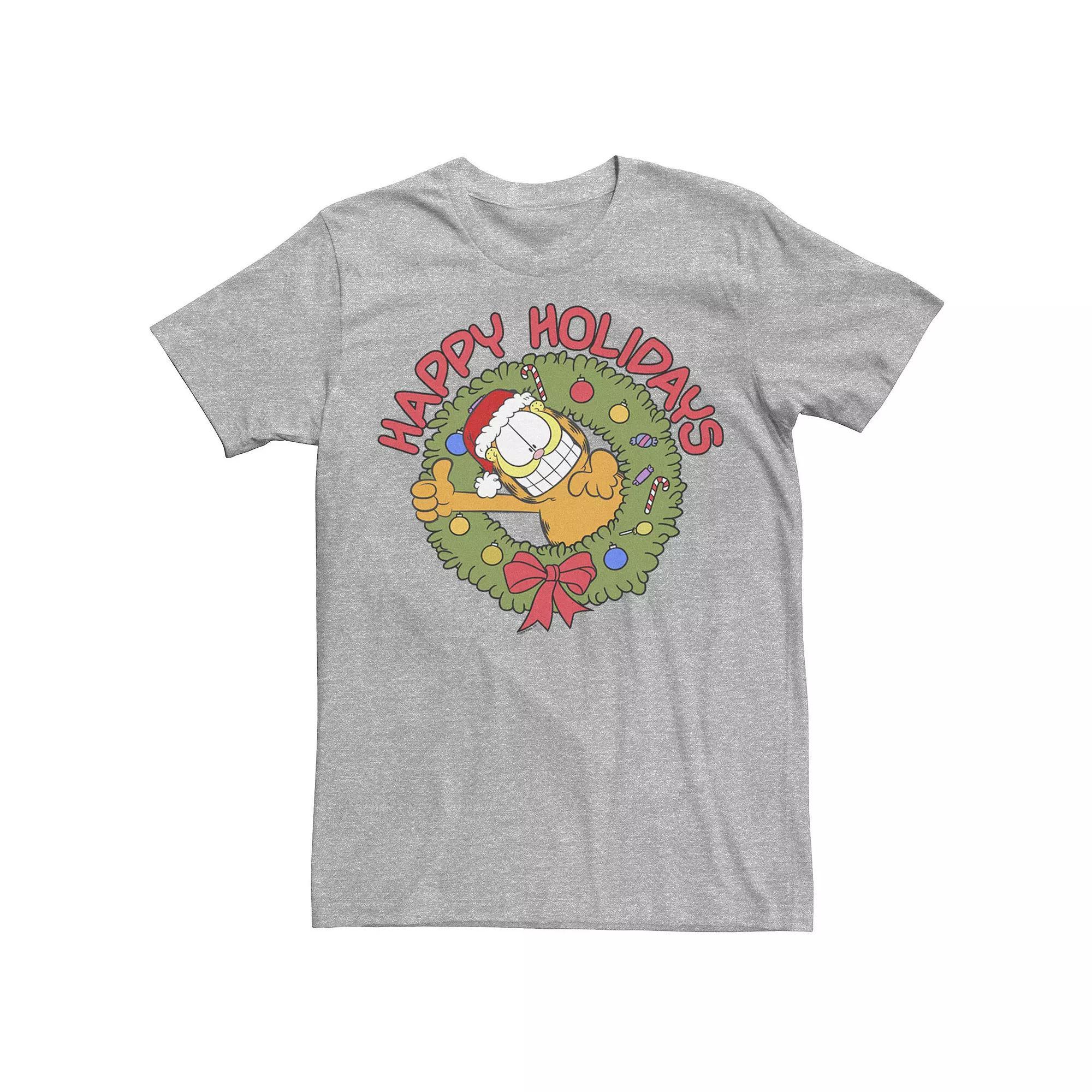 Men's Garfield Wreath Christmas Tee, Size: Large, Athletic Grey Product Image