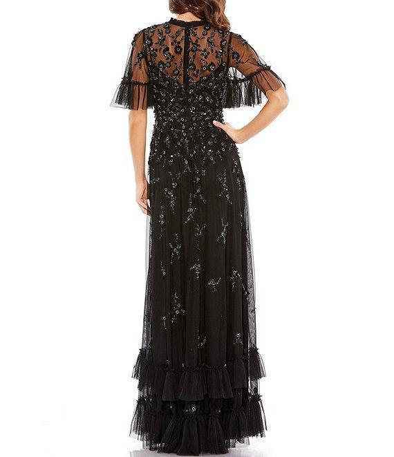 Mac Duggal Ruffled Floral Beaded Illusion Mock Neck Short Flutter Sleeve Gown Product Image