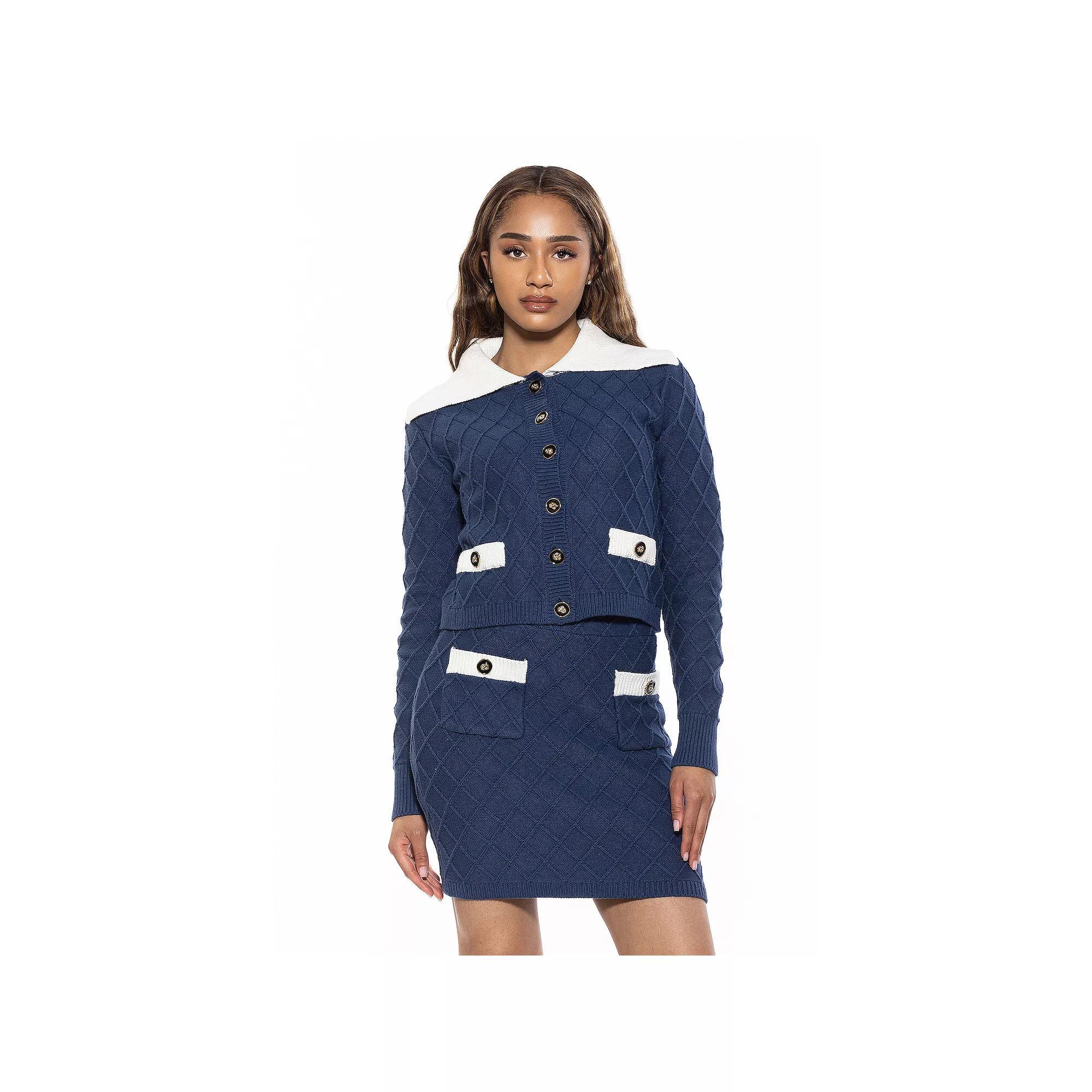 Women's ALEXIA ADMOR Alina Wide Contrast Collared Knit Cardigan, Size: Small, Blue Blue Product Image