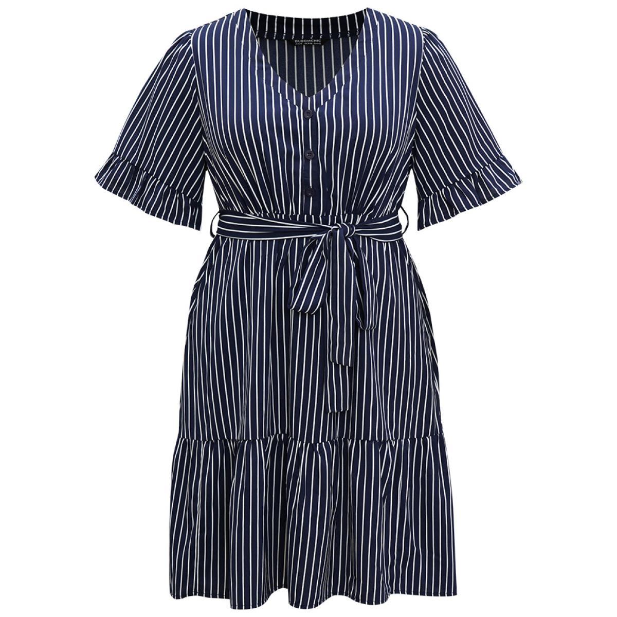Plus Size Striped Belted Button Detail Flutter Sleeve Dress DarkBlue Women Casual Belted V-neck Short sleeve Curvy Midi Dress BloomChic 22-24/3X Product Image