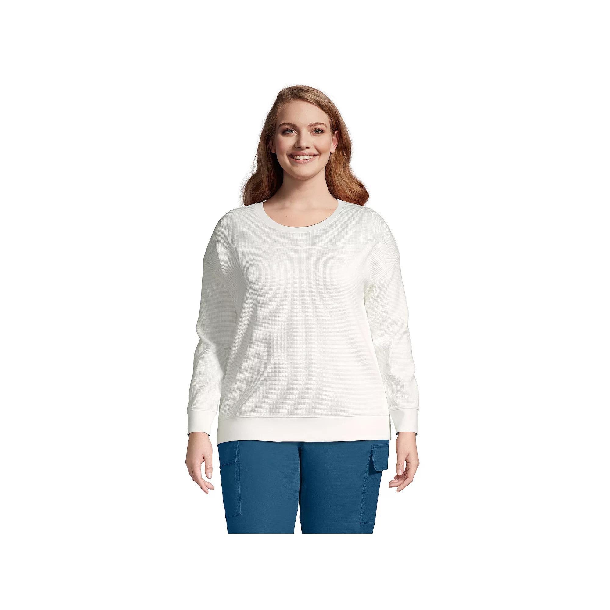 Plus Size Lands' End Long Sleeve Waffle Crewneck Top, Women's, Size: 2XL, Ivory Product Image