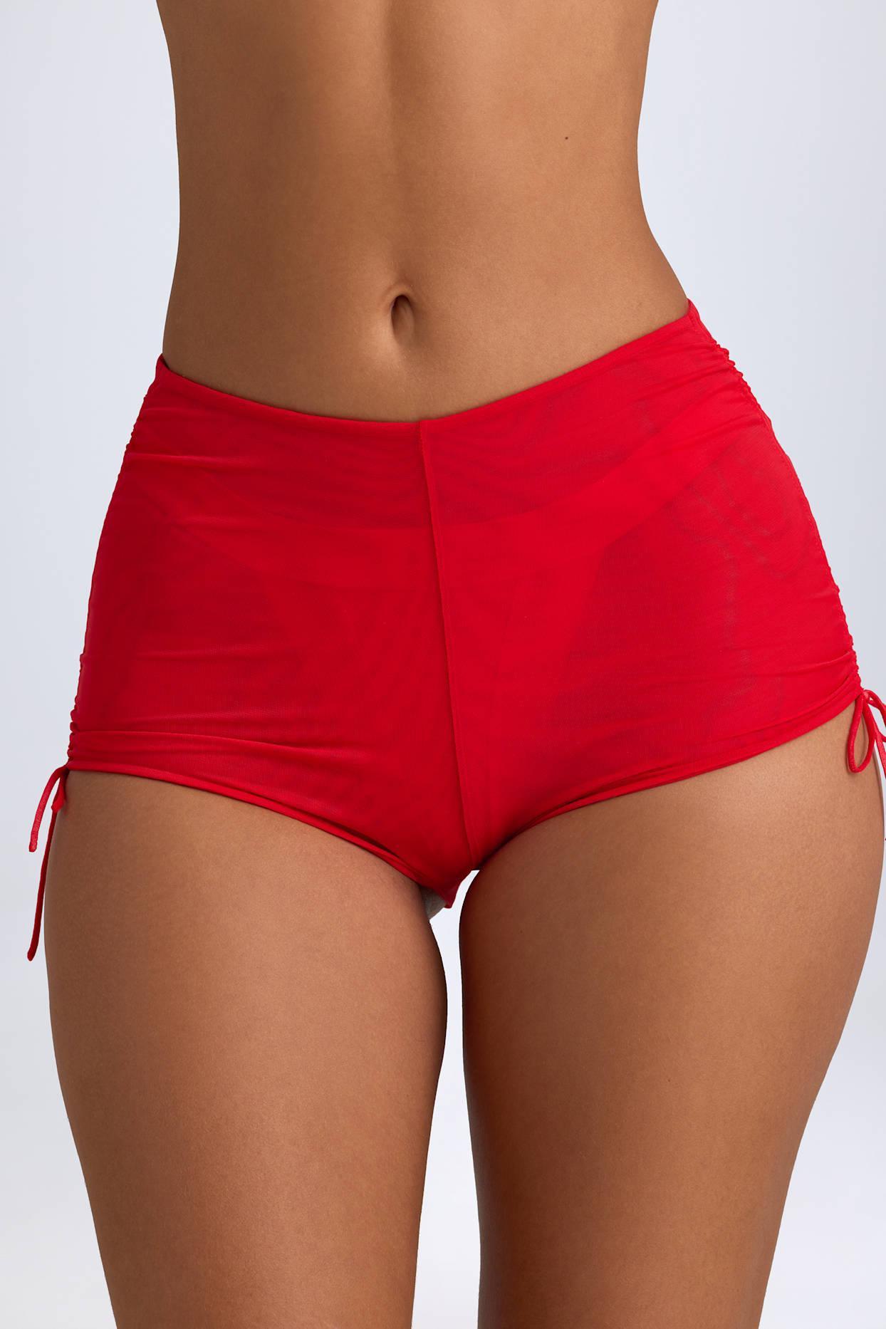 Sheer Ruched Mini Shorts in Fiery Red Female Product Image