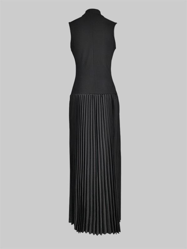 Bodycon Sleeveless Hollow Pleated Solid Color Split-Joint Mock Neck Maxi Dresses Product Image