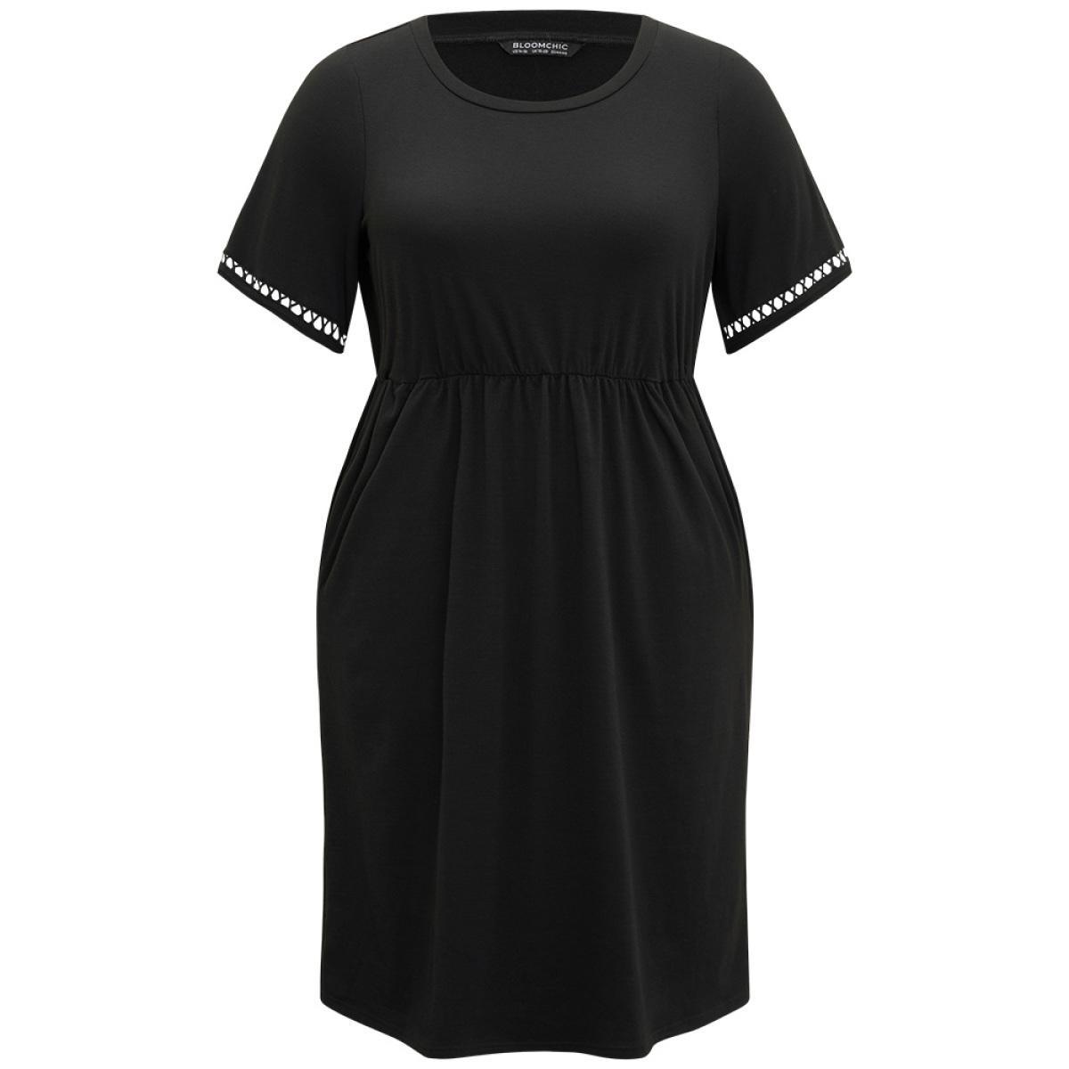 Plus Size Plain Crew Neck Pocket Hollow Out Ruffle Hem Dress Black Women Casual Patchwork Round Neck Short sleeve Curvy Midi Dress BloomChic 22-24/3X Product Image