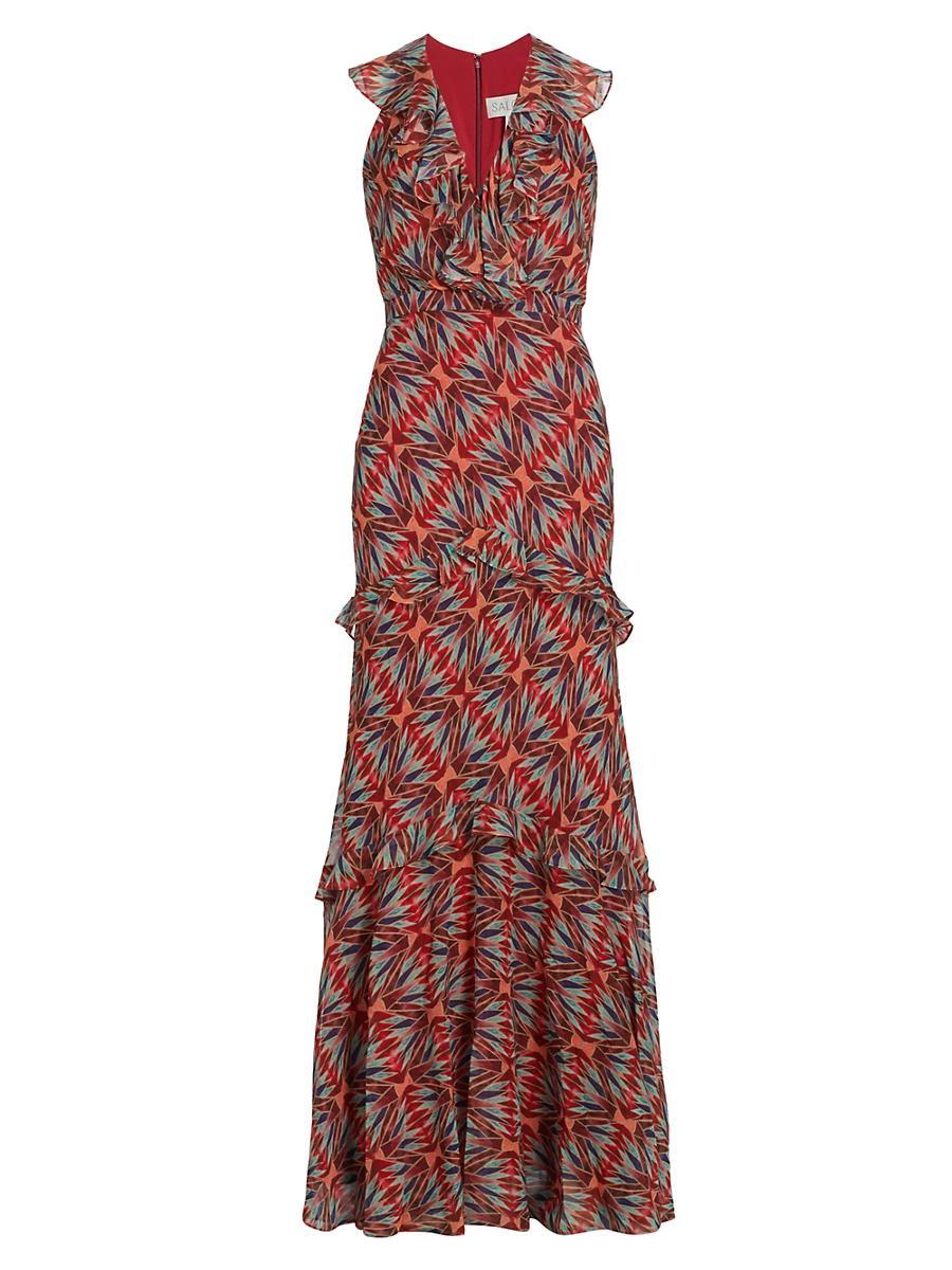 Womens Rita Printed Silk Ruffle Dress Product Image