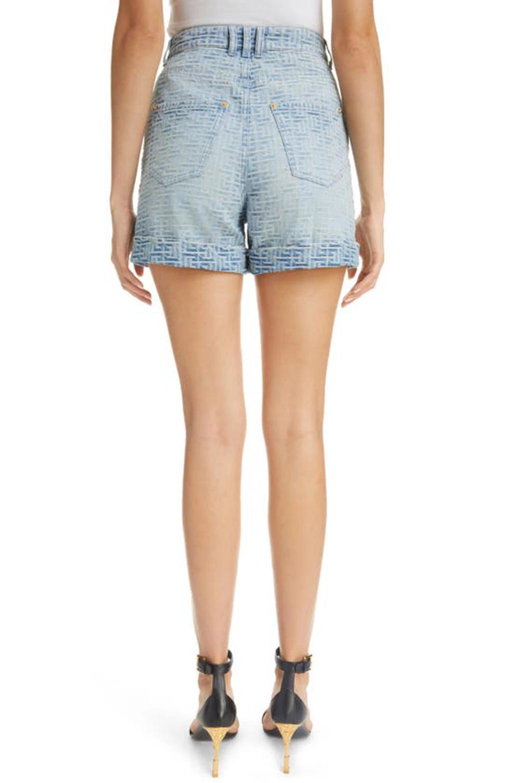 BALMAIN Allover Monogram Denim Shorts In Blue Product Image