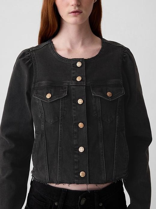 Collarless Cropped Icon Denim Jacket Product Image