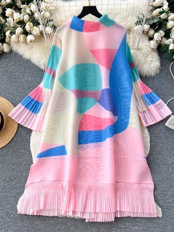 Flared Sleeves Loose Belted Contrast Color Pleated Midi Dresses Product Image