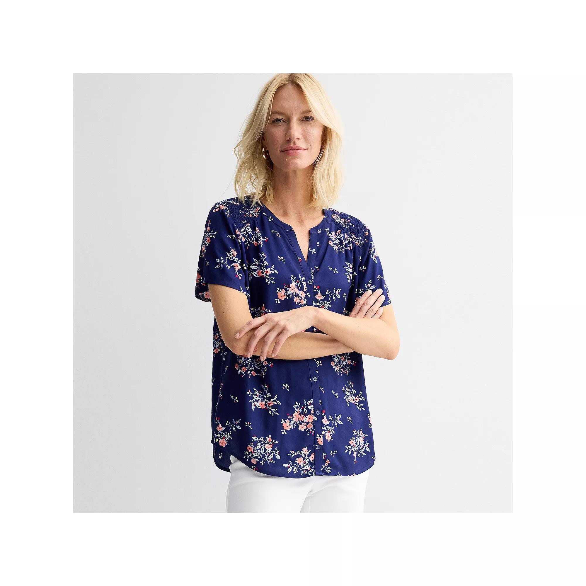 Women's Croft & Barrow® Short Sleeve Femme Blouse, Size: Large, Navy Pink Floral Product Image