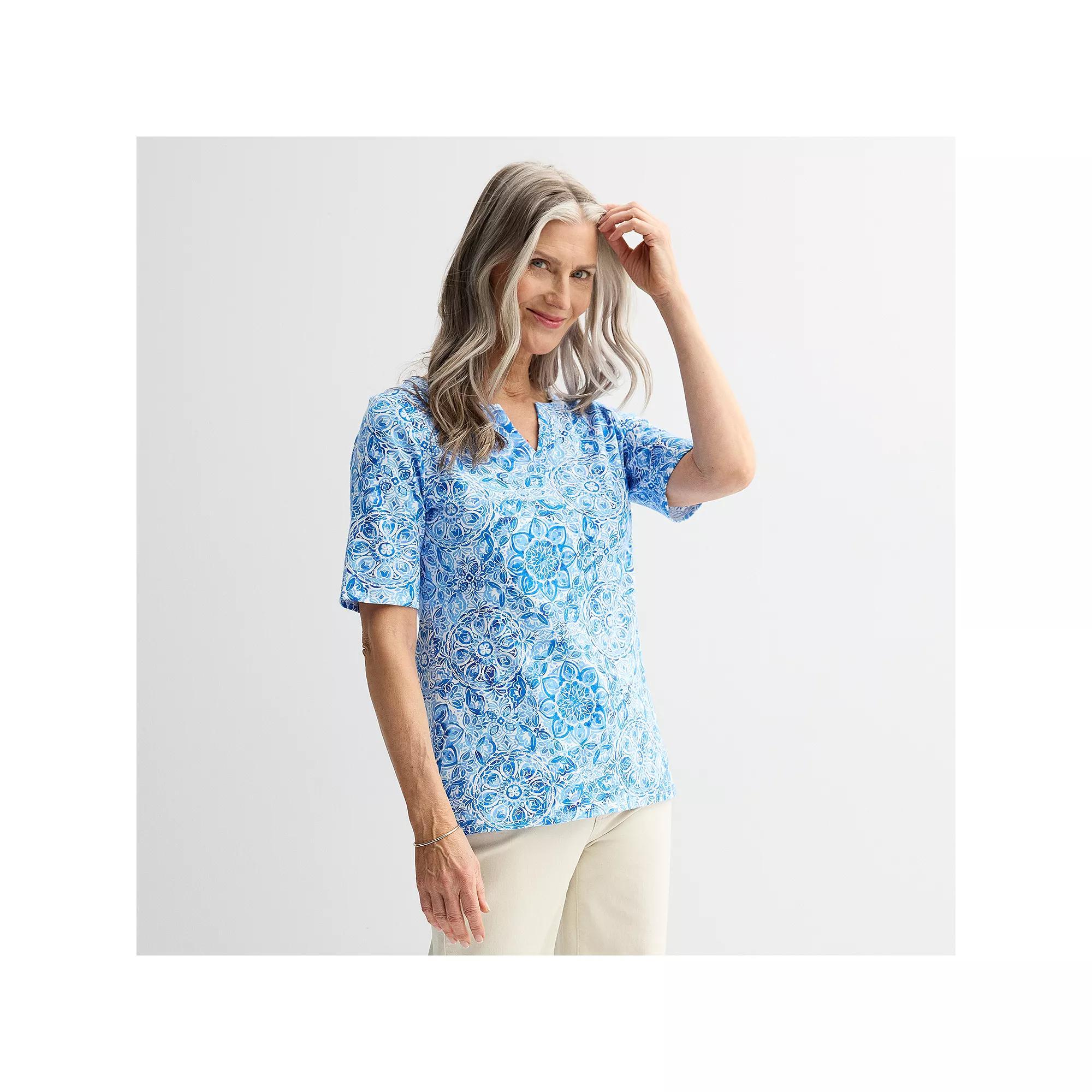 Women's Croft & Barrow® Elbow-Sleeve Splitneck Top, Size: Large, Blue Watercolor Tile Product Image