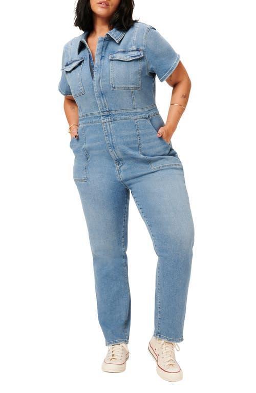 Good American Plus Size Fit For Success Short Sleeve Point Collar Straight Leg Stretch Denim Jumpsuit Product Image