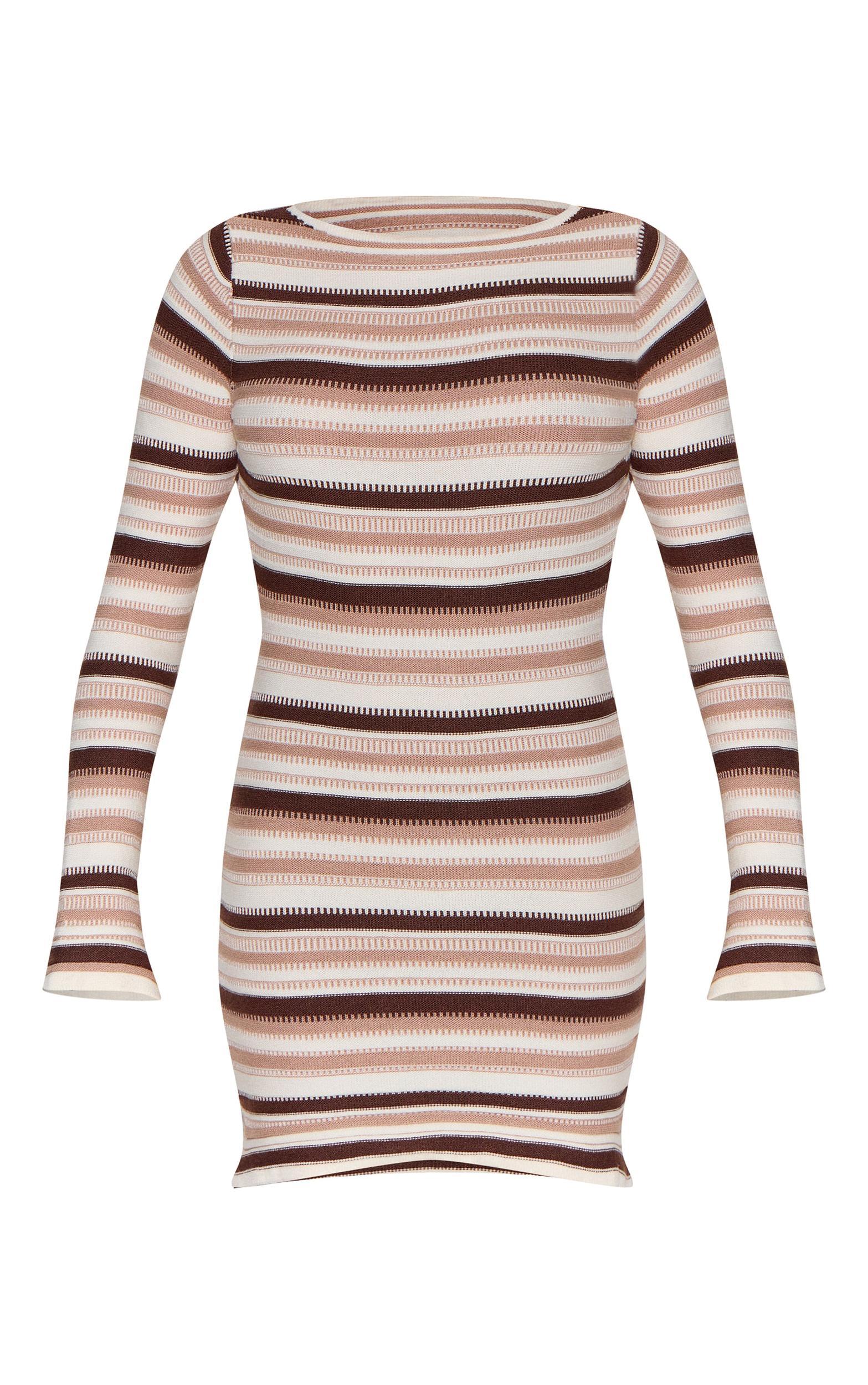 Petite Cream Knitted Stripe Long Sleeve Mini Dress Product Image