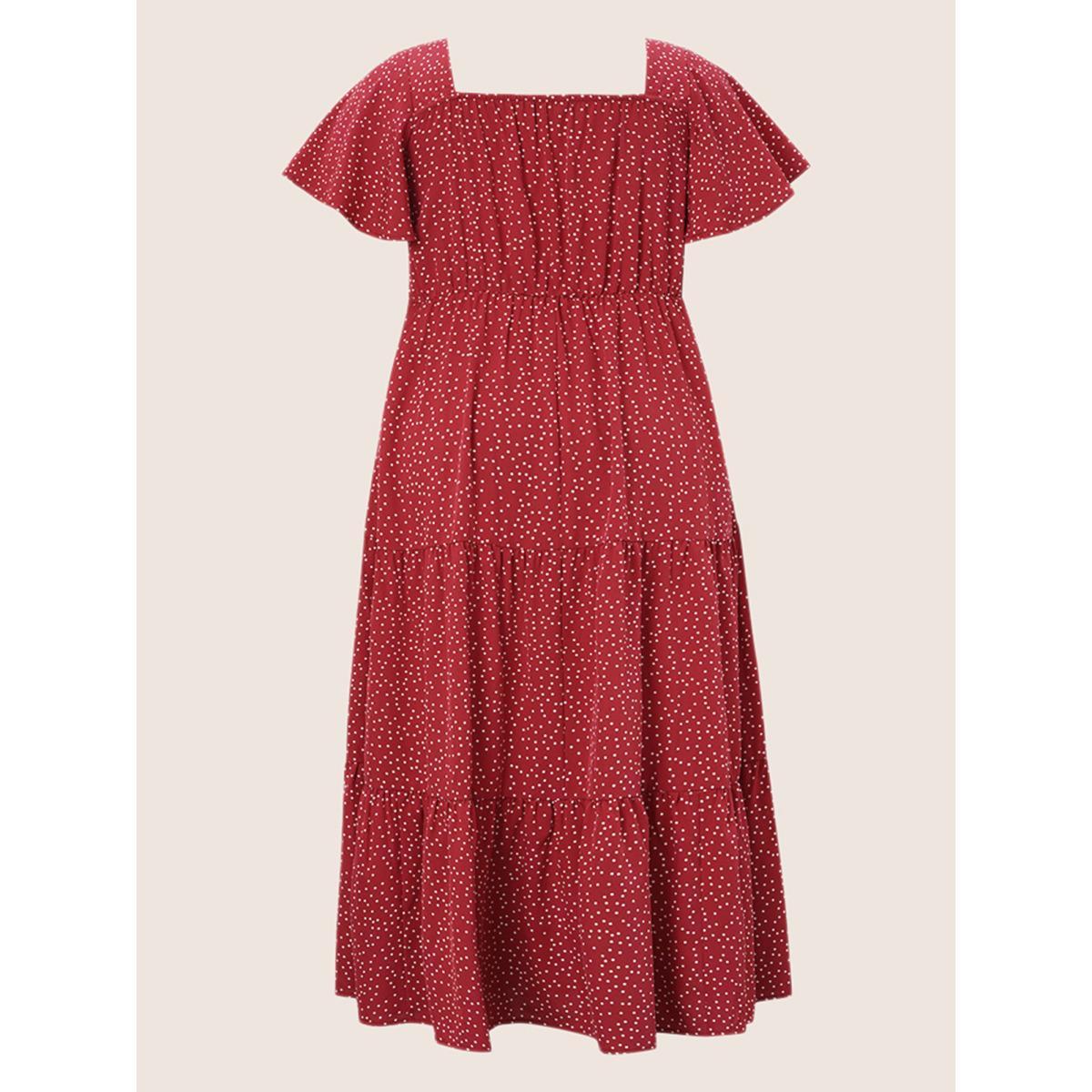 Plus Size Polka Dot Drawstring Ruffle Tiered Ruched Pocket Midi Dress Red Women Elegant Non Heart neckline Short sleeve Curvy Midi Dress BloomChic 12/L Product Image