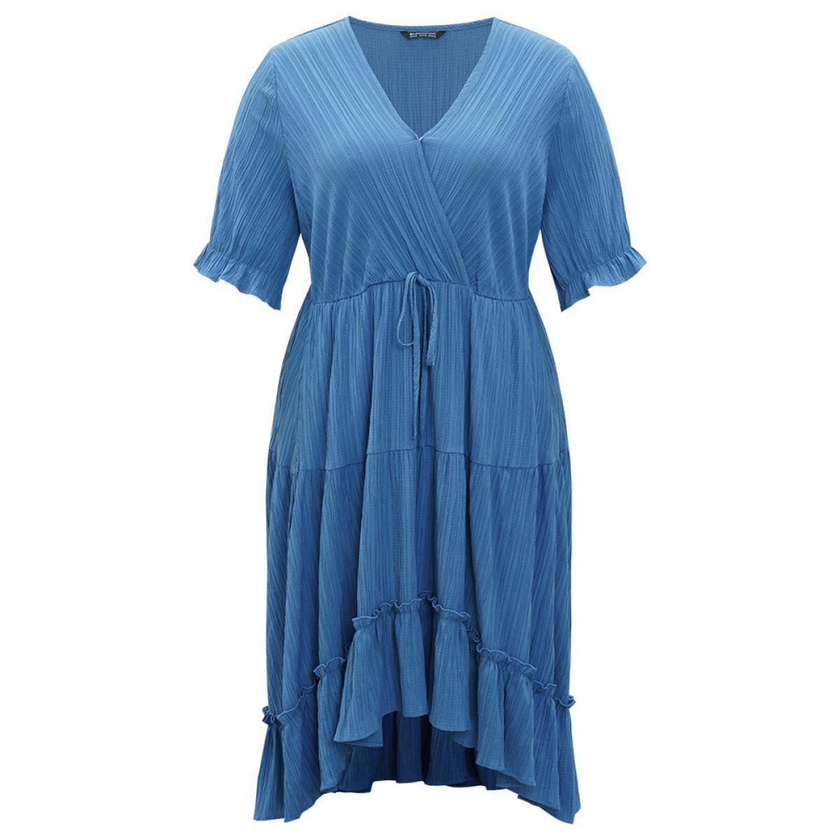 Plus Size Solid Textured Pocket Overlap Collar Flutter Trim Dress Stone Women Elegant Texture V-neck Half Sleeve Curvy Midi Dress BloomChic 12/L Product Image