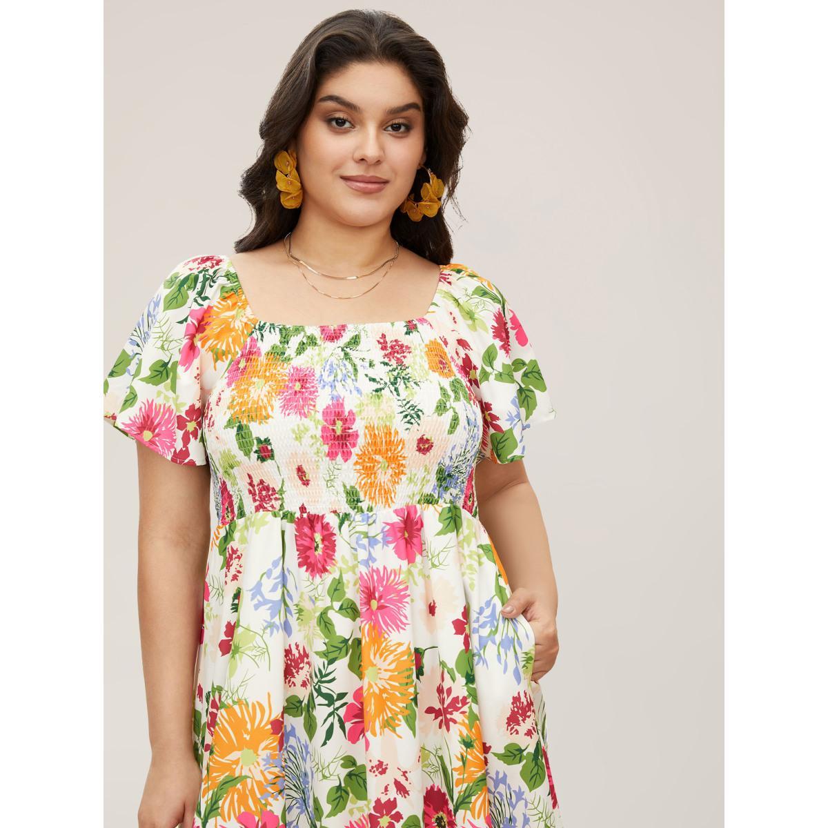 Plus Size Floral Shirred Square Neck Pocket Midi Dress Multicolor Women Romantic Non Square Neck Short sleeve Curvy Midi Dress BloomChic 10/M Product Image