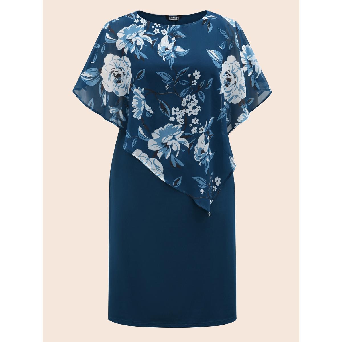 Plus Size Floral Print Cloak Tiered Midi Dress Aegean Women Elegant See through Round Neck Half Sleeve Curvy BloomChic 30/6X Product Image